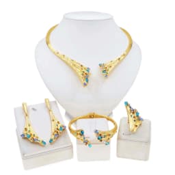 Dubai Gold Plated Woman Jewelry Set Women's Luxury Blue Stone Necklace Bracelet Ring Set Jewelry Sets Wedding Party