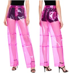Women Pvc Pants Button Waist Back Pockets Wide Leg Straight-leg Trousers Cover Up See Through Bottoms for Party Dancing Prom