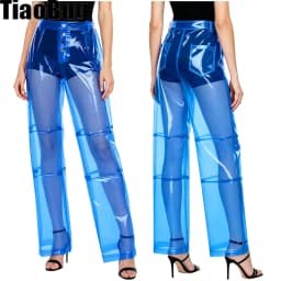 Women Pvc Pants Button Waist Back Pockets Wide Leg Straight-leg Trousers Cover Up See Through Bottoms for Party Dancing Prom