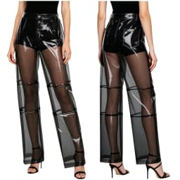 Women Pvc Pants Button Waist Back Pockets Wide Leg Straight-leg Trousers Cover Up See Through Bottoms for Party Dancing Prom