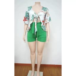 Smstar Plus Size Two Piece Set Women Summer Flowers Print Crop Top Short Sets Beach Style Matching Set Wholesale Drop Shipping