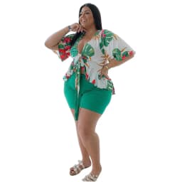 Smstar Plus Size Two Piece Set Women Summer Flowers Print Crop Top Short Sets Beach Style Matching Set Wholesale Drop Shipping