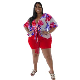 Smstar Plus Size Two Piece Set Women Summer Flowers Print Crop Top Short Sets Beach Style Matching Set Wholesale Drop Shipping