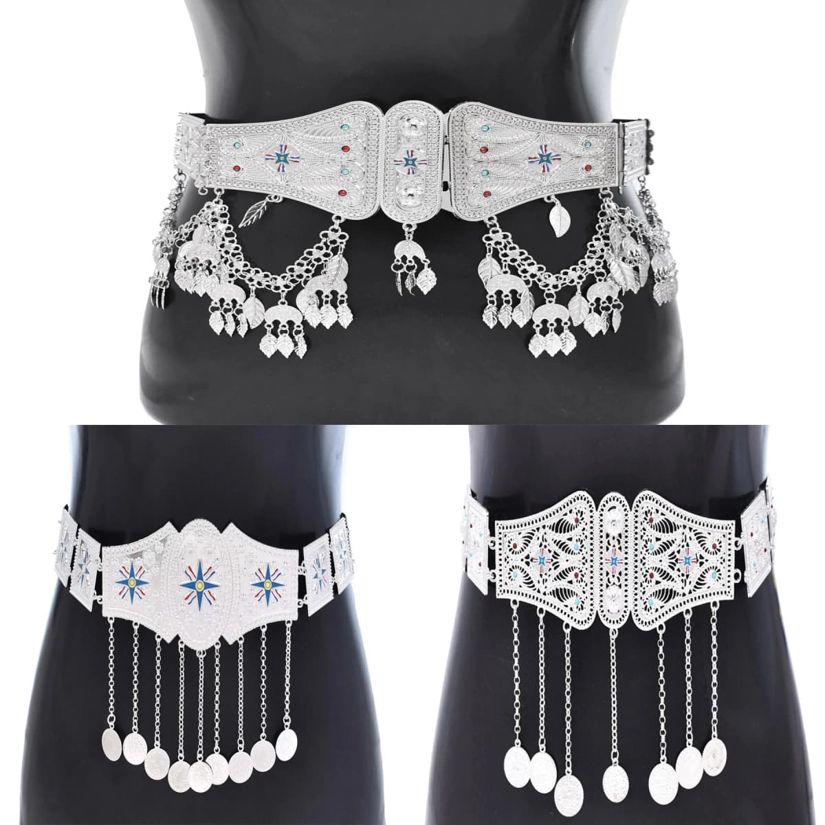 Silver Plated Assyrian National Flag Pattern Heavy Waist Belly Chains Alloy Cross Coin Leaf Tassel Belts Trendy Body Jewelry