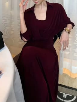 TWOTWINSTYLE Solid Spliced Folds Design Sense Dresses for Women Lapel Long Sleeves Tunic Fashion False Two Piece Dress Female