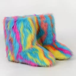 Women Faux Fur Boots Winter Fluffy Plush Warm Mid Calf Snow Boots Luxury Fashion Furry Boots Comfortable Outdoor Flat Shoes