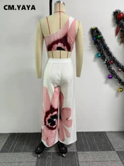 Women Set Floral Print Sleeveless Skew Collar Tops +Wide Leg Pants Two 2 Piece Set Outfit Summer Street Tracksuit