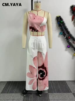 Women Set Floral Print Sleeveless Skew Collar Tops +Wide Leg Pants Two 2 Piece Set Outfit Summer Street Tracksuit