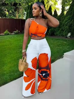 Women Set Floral Print Sleeveless Skew Collar Tops +Wide Leg Pants Two 2 Piece Set Outfit Summer Street Tracksuit