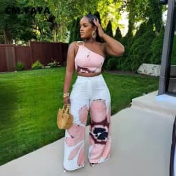 Women Set Floral Print Sleeveless Skew Collar Tops +Wide Leg Pants Two 2 Piece Set Outfit Summer Street Tracksuit