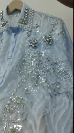 Luxury Pearls Beads Stitch Blue Blouses Shirts For Women 2025 Spring Summer New Fashion Trend Loose Casual Tops Blusas