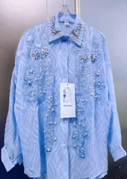 Luxury Pearls Beads Stitch Blue Blouses Shirts For Women 2025 Spring Summer New Fashion Trend Loose Casual Tops Blusas