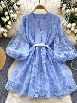 Summer French Sweet V-neck Dress Women's Lantern Sleeves Embroidered Waist Single Breasted A-line Mini Elegant Party Dress C187