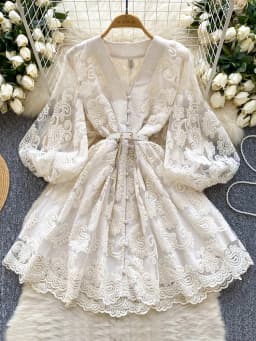 Summer French Sweet V-neck Dress Women's Lantern Sleeves Embroidered Waist Single Breasted A-line Mini Elegant Party Dress C187