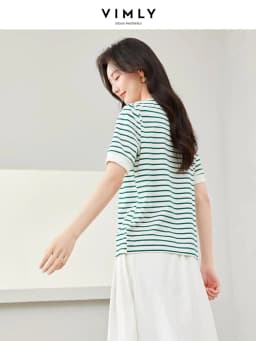VIMLY Contrast Color Striped Short Sleeve Women's T-shirt 2026 Summer Simple Loose Casual Round Neck Cotton Knit Top M6563