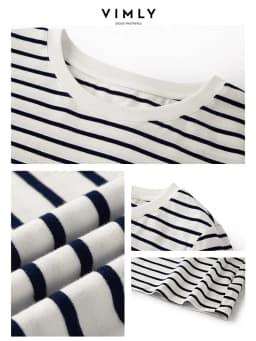 VIMLY Contrast Color Striped Short Sleeve Women's T-shirt 2026 Summer Simple Loose Casual Round Neck Cotton Knit Top M6563