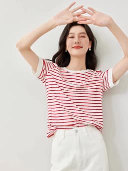 VIMLY Contrast Color Striped Short Sleeve Women's T-shirt 2026 Summer Simple Loose Casual Round Neck Cotton Knit Top M6563