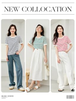 VIMLY Contrast Color Striped Short Sleeve Women's T-shirt 2026 Summer Simple Loose Casual Round Neck Cotton Knit Top M6563
