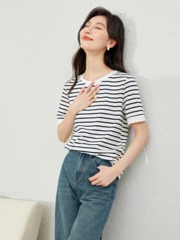 VIMLY Contrast Color Striped Short Sleeve Women's T-shirt 2026 Summer Simple Loose Casual Round Neck Cotton Knit Top M6563