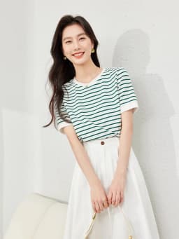 VIMLY Contrast Color Striped Short Sleeve Women's T-shirt 2026 Summer Simple Loose Casual Round Neck Cotton Knit Top M6563
