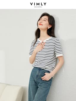VIMLY Contrast Color Striped Short Sleeve Women's T-shirt 2026 Summer Simple Loose Casual Round Neck Cotton Knit Top M6563