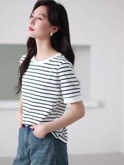VIMLY Contrast Color Striped Short Sleeve Women's T-shirt 2026 Summer Simple Loose Casual Round Neck Cotton Knit Top M6563