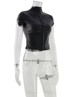 CNYISHE PU Leather Button Solid Short Sleeve Women Tops Sheath Fashion High Collar Blouse Fitness Female Sexy Club Tees Chic