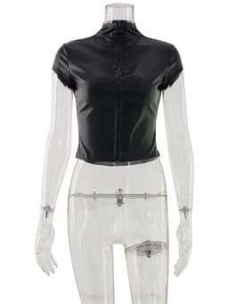 CNYISHE PU Leather Button Solid Short Sleeve Women Tops Sheath Fashion High Collar Blouse Fitness Female Sexy Club Tees Chic