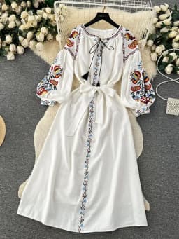 Women Spring Autumn Dress Vintage Ethnic Style Lantern Long Sleeve Embroidered Round Neck Slim A-line Cotton Linen Dress D4930