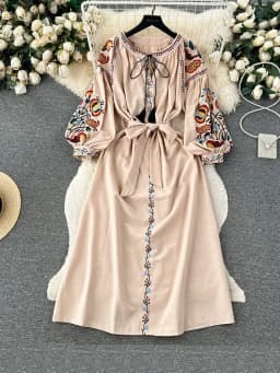 Women Spring Autumn Dress Vintage Ethnic Style Lantern Long Sleeve Embroidered Round Neck Slim A-line Cotton Linen Dress D4930