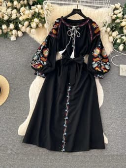 Women Spring Autumn Dress Vintage Ethnic Style Lantern Long Sleeve Embroidered Round Neck Slim A-line Cotton Linen Dress D4930