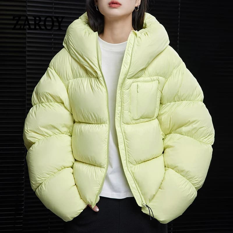 ZAROY Puffy Cotton Jacket Women Winter Warm Thicken Parka Drawstring Hooded Short Coat Windproof Y2K Streetwear куртка женская