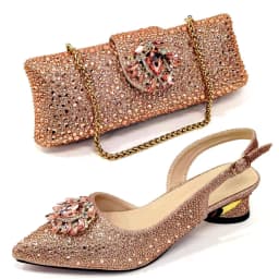 Elegant And Sexy Champagne Color High Heels Shoes And Bag With Rhinestone Embellished Toe Is Comfortable Women's Shoes For Party