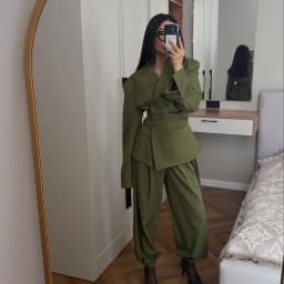 Suninheart Olive Green Asymmetric Blazer & Pants Set – Women's Ruched Waist Suit Two Piece Office Lady Autumn Fashion