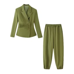 Suninheart Olive Green Asymmetric Blazer & Pants Set – Women's Ruched Waist Suit Two Piece Office Lady Autumn Fashion