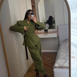 Suninheart Olive Green Asymmetric Blazer & Pants Set – Women's Ruched Waist Suit Two Piece Office Lady Autumn Fashion