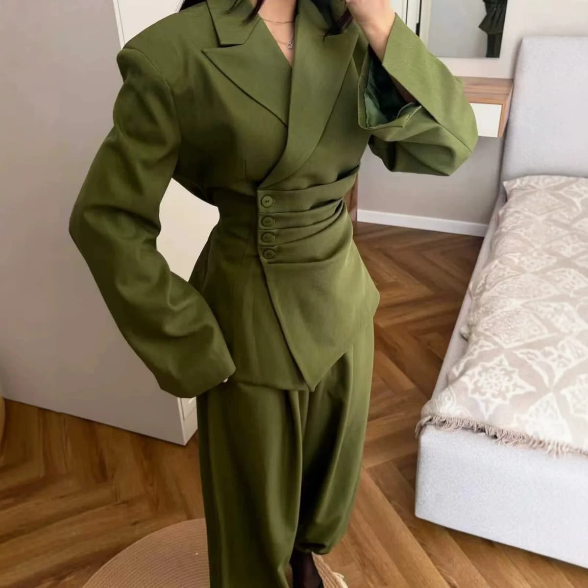 Suninheart Olive Green Asymmetric Blazer & Pants Set – Women's Ruched Waist Suit Two Piece Office Lady Autumn Fashion