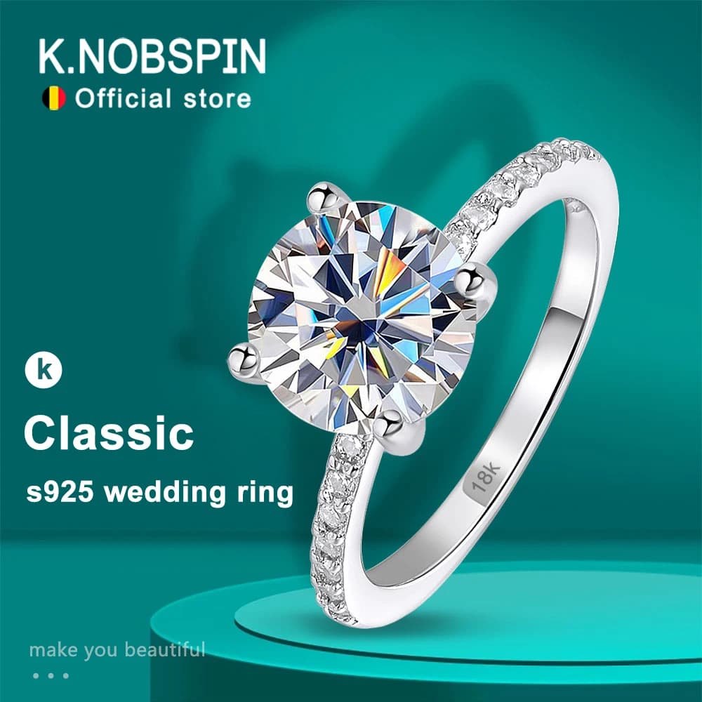 KNOBSPIN D VVS1 1-3ct Round Moissanite Ring 18K White Gold Plated s925 Sterling Silver with GRA Diamond Wedding Rings for Women