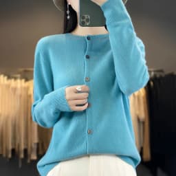 100% Merino Wool Sweater Women O-Neck Cardigan Basic Style Buttoned Knitwear Female Casual Autumn Winter Soft Tops