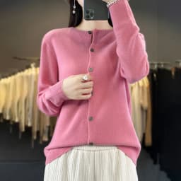 100% Merino Wool Sweater Women O-Neck Cardigan Basic Style Buttoned Knitwear Female Casual Autumn Winter Soft Tops