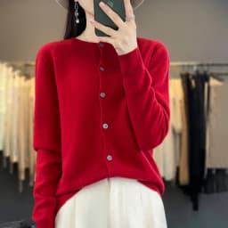 100% Merino Wool Sweater Women O-Neck Cardigan Basic Style Buttoned Knitwear Female Casual Autumn Winter Soft Tops