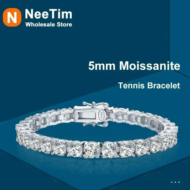 NeeTim 3mm 4mm 5mm All Moissanite Tennis Bracelet Sparkling Chain 925 Sterling Silver with Gold Plated Bracelets For Women Men