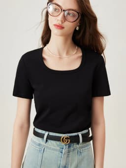 FSLE【4 Colors】Women Round Neck Casual Grey Summer T-Shirt Black Cotton Square Neck Short Sleeve Elastic Tees 24FS12797+24FS12798