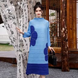 Long Dresses Womens Dresses Stand-up Collar Color Matching Flower Rhinestone Sleeve A-shaped Hem Pleated Dress Loose Long Skirt