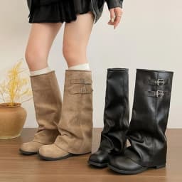 French Chic Women Foldover Knee High Boots Slouchy Wedge Slip On Shoes Black Khaki Round Toe Buckle Strap Moto Boots