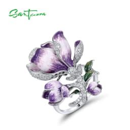 SANTUZZA Pure 925 Sterling Silver Ring For Women Solid Blossom Purple Gradient Enamel Flower White CZ Delicate Gift Fine Jewelry