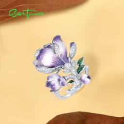 SANTUZZA Pure 925 Sterling Silver Ring For Women Solid Blossom Purple Gradient Enamel Flower White CZ Delicate Gift Fine Jewelry