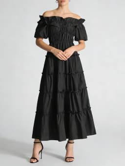 TWOTWINSTYLE Black Spliced Shirring Casual Long Dresses for Women Slash Neck Short Sleeves High Waist Basics Dress Female New
