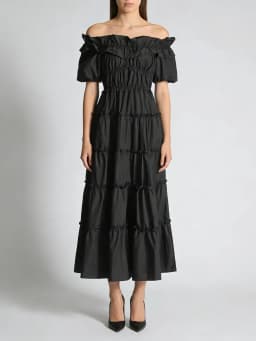 TWOTWINSTYLE Black Spliced Shirring Casual Long Dresses for Women Slash Neck Short Sleeves High Waist Basics Dress Female New