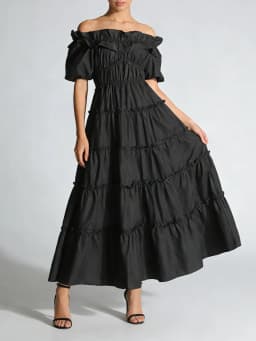 TWOTWINSTYLE Black Spliced Shirring Casual Long Dresses for Women Slash Neck Short Sleeves High Waist Basics Dress Female New